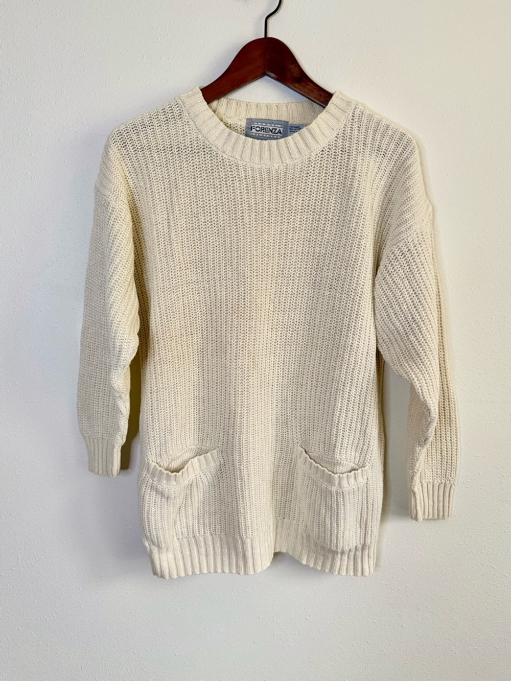 Vintage Forenza Cream Ramie Cotton Sweater Pocket Pullover Relaxed Medium